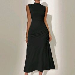NEW womens Black Sleevelvess Collar Ruched Dress Size 6 Medium
