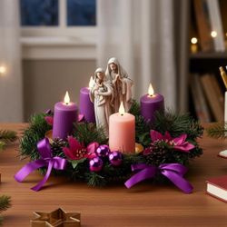 Suncalla 6 Pcs Christmas Advent Wreath Candle Holder With 4 Pcs Flameless Candle Christ Holy Family Statue Candlestick Wreaths Holder Centerpiece For 