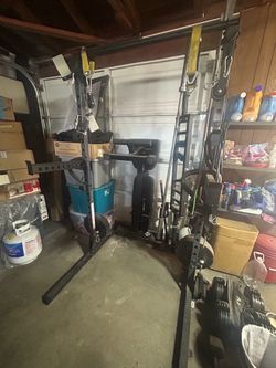 Squat Rack, Adjustable bench, barbells