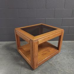 1980's Oak Wood Side Table with Beveled Smoke Glass