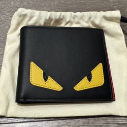 Fendi Black Leather Bi-fold Wallet Compact with Monster Eyes