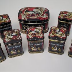 8 Vintage Chinoiserie Square Tin Canister Black Red Gold 2.25" Tall for Spices