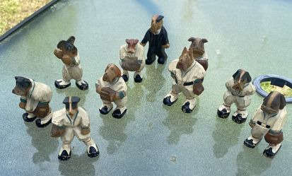 vintage collectible hand-carved wooden dog baseball players
