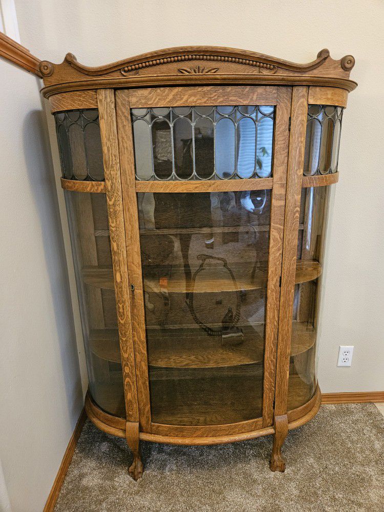 Antique Oak Bow-Front China Cabinet