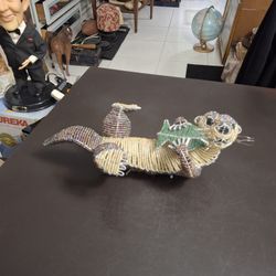 Vintage Beadworx 14" River Otter Figurine Getting Ready To Eat A Fish, Handmade In Haiti Of Beads On Metal Wire Frame