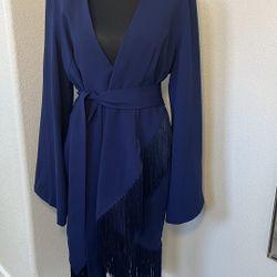 Navy Blue Fringe Overlap Long Sleeve Dress - Large