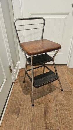Vintage Mid-Century Modern COSCO Kitchen Step Stool Chair – Flip-Up Brown Vinyl
