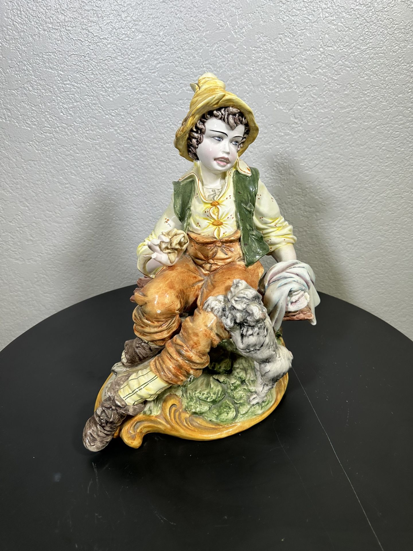 Vintage Ceramic Art Capodimonte Boy Dog Statue Signed D. "Domenico" Poloniato
