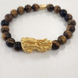 18K Gold Dragon Pixiu Piyao Lucky Charm With Tiger Eye Gems