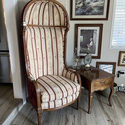 Vintage Porter’s Chair High back domed cream red stripped