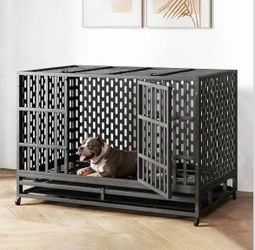 38 Inch Heavy Duty Dog Crate, Steel Escape Proof, Indoor Double Door Indestructible Dog Crate, Kennel with Wheels, Removable Tray, Extra Large XL XXL