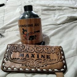 Vintage Wallet With Maxine Inscribed On Front. With Snap Closure. Vintage Collector Alcohol Bottle.