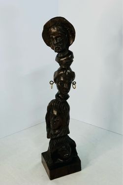 Vintage Hand- Carved African Style Figural Sculpture- Stacked Face- Wood Statue- 14in”