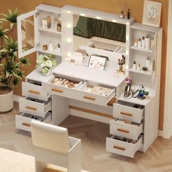58.4" Large Makeup Vanity with Mirror, Vanity Set with Stool Lights 8 Drawers 2 Glass-Door Cabinets Power Outlet Phone Groove Vanity with Chair Makeup