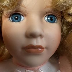 Vintage Porcelain Doll, Blonde Hair & Blue Eyes