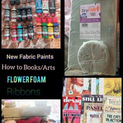 Arts & Crafts Bundle, New Fabric Paints, Books, Foam, Ribbon Etc. 