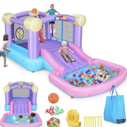 Whubefy Inflatable Pink Bounce House for Kids 2-8 with Ball Pit, 161x82x63 All-in-ONE Jump and Slide Water Park w/50 Ocean Balls, 6 Dart Target Balls,