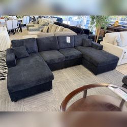 Black corduroy Double chaise sectional sofa