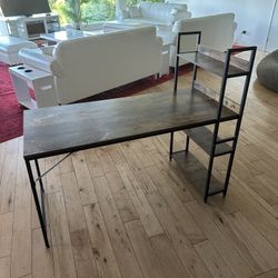 wood Computer Desk with 4 Tier Shelves for Home Office, 47" Writing Study Table with Bookshelf and 2 Hooks, Multipurpose Industrial Wood Desk Workstat