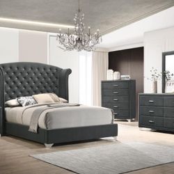 Melody Queen Wingback Upholstered Bed Grey- Shop Now Pay Later.