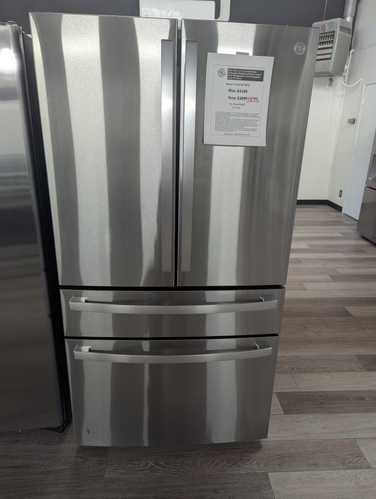 GE 36 In. 23.2 Cu Ft Counter Depth 4 Door French Door Refrigerator W/ Dual Dispense Auto Fill Pitcher, Fingerprint Resistant
