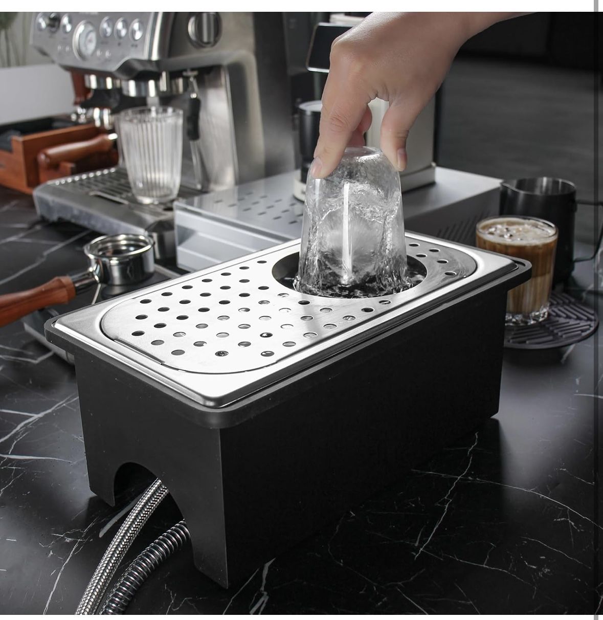 Pitcher Rinser with Base and Drip Tray, Stainless Steel Countertop Glass Rinser Cup Washer Sink with Side Spray, 13.38" x 7.48" x 5.7", Silver A