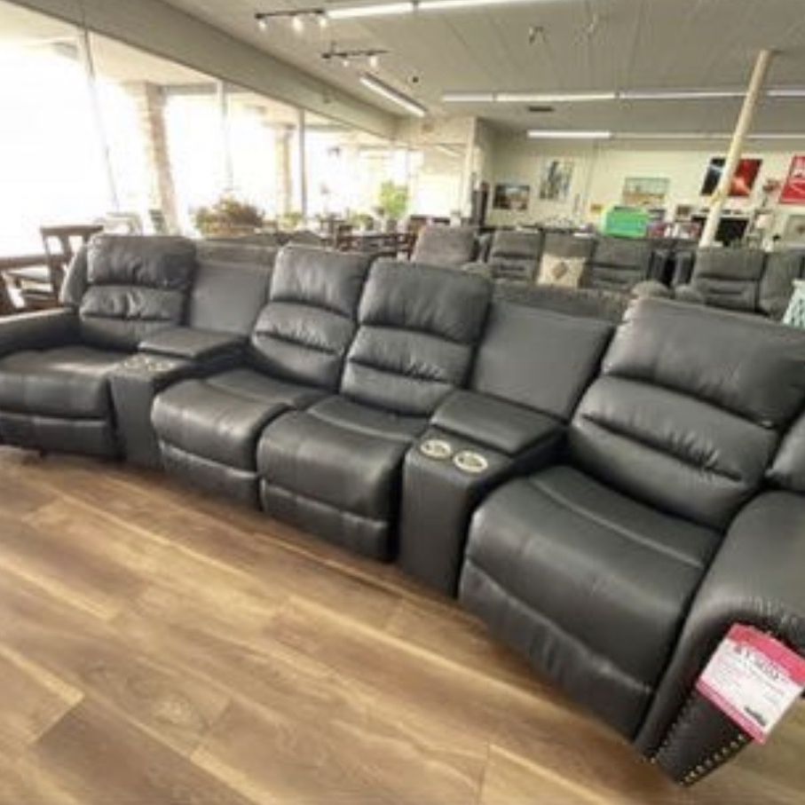 Reclining Theatre Sectional Sofa Couch Black Leather 