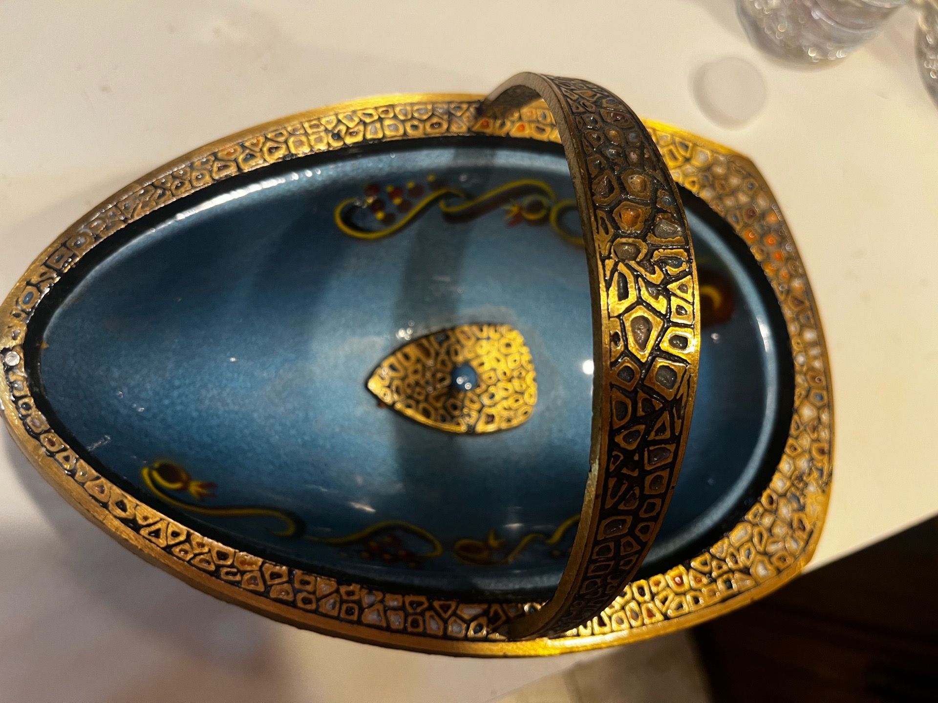 Handled Colorful Brass Dec Fruits Basket-Signed-MADE-ISRAEL.