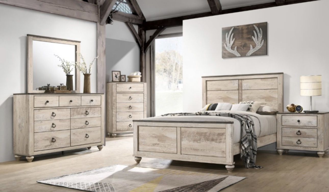 5 Piece Washed Walnut Bedroom Set In Queen Or King Size