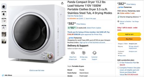 Panda Compact Dryer 13.2 lbs Load Volume