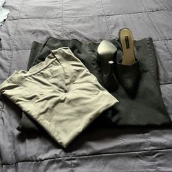 There Is Three Items Pants In Size 10 The Color Is Black A Shirt Size Large The Color Is Grey And Slip On Shoes In Size 8 1/2 All For $45 Total 