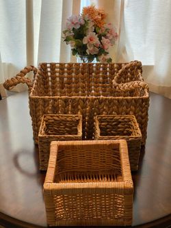 Woven Basket Lot – 4 Pieces | Water Hyacinth + Rattan Storage Baskets