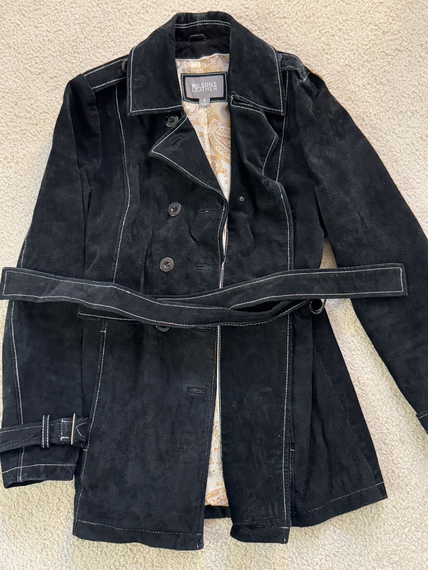 Vintage Wilsons Leather Black Suede Leather Peacoat Jacket Women’s Belt Sz S