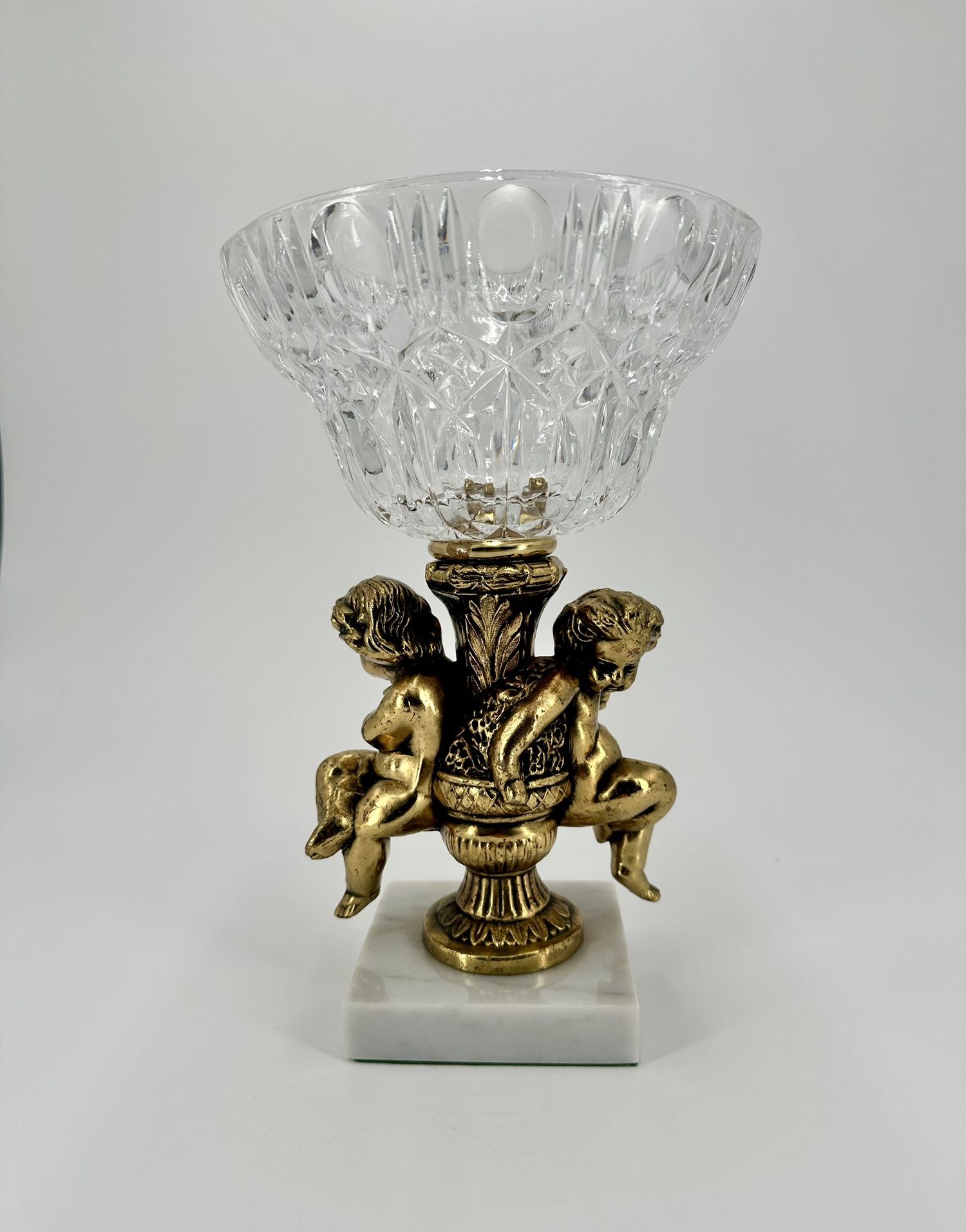 Vintage Crystal Pedestal Bowl with Gold Cherubs