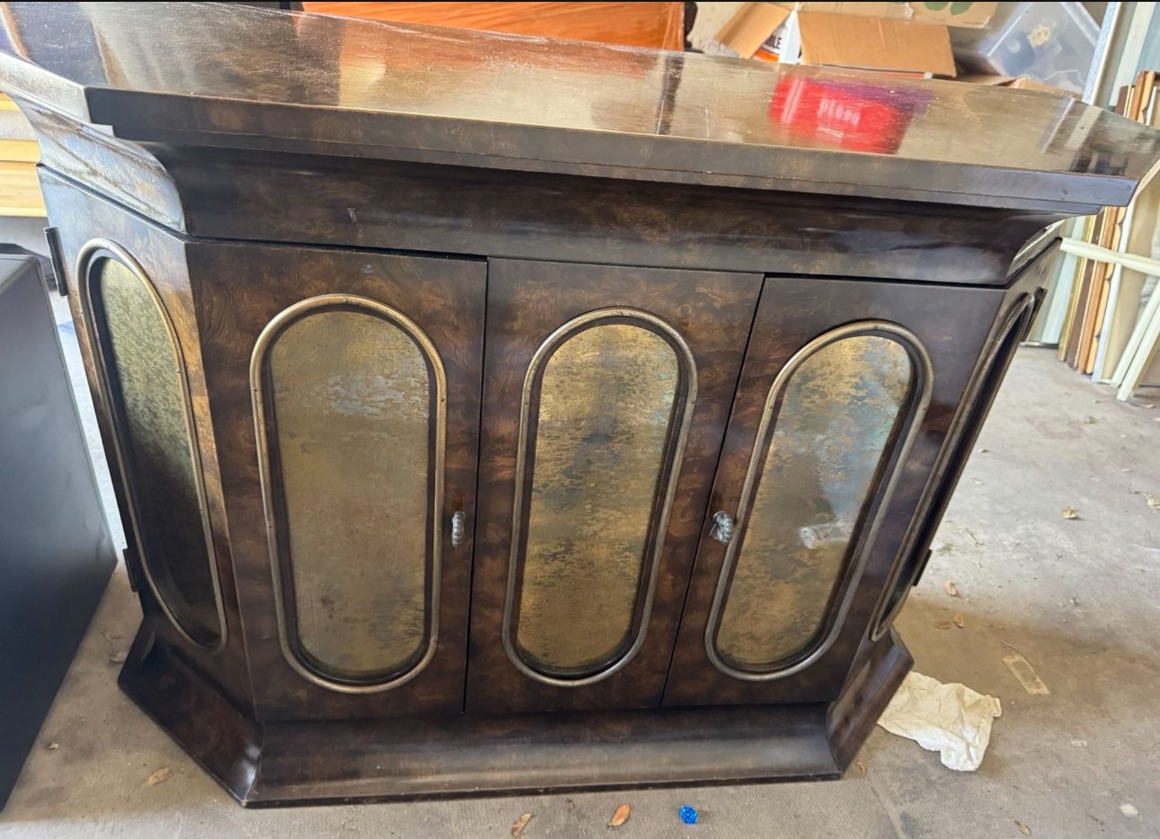1950s Mastercraft Style Burl Wood Cabinet Console Table