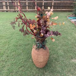 Large Wicker Vase With Arrangement Flower And Plants 