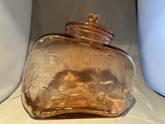 🔥👀🔥VINTAGE MR. PEANUT / PENNANT PINK GLASS COUNTERTOP GLASS JAR