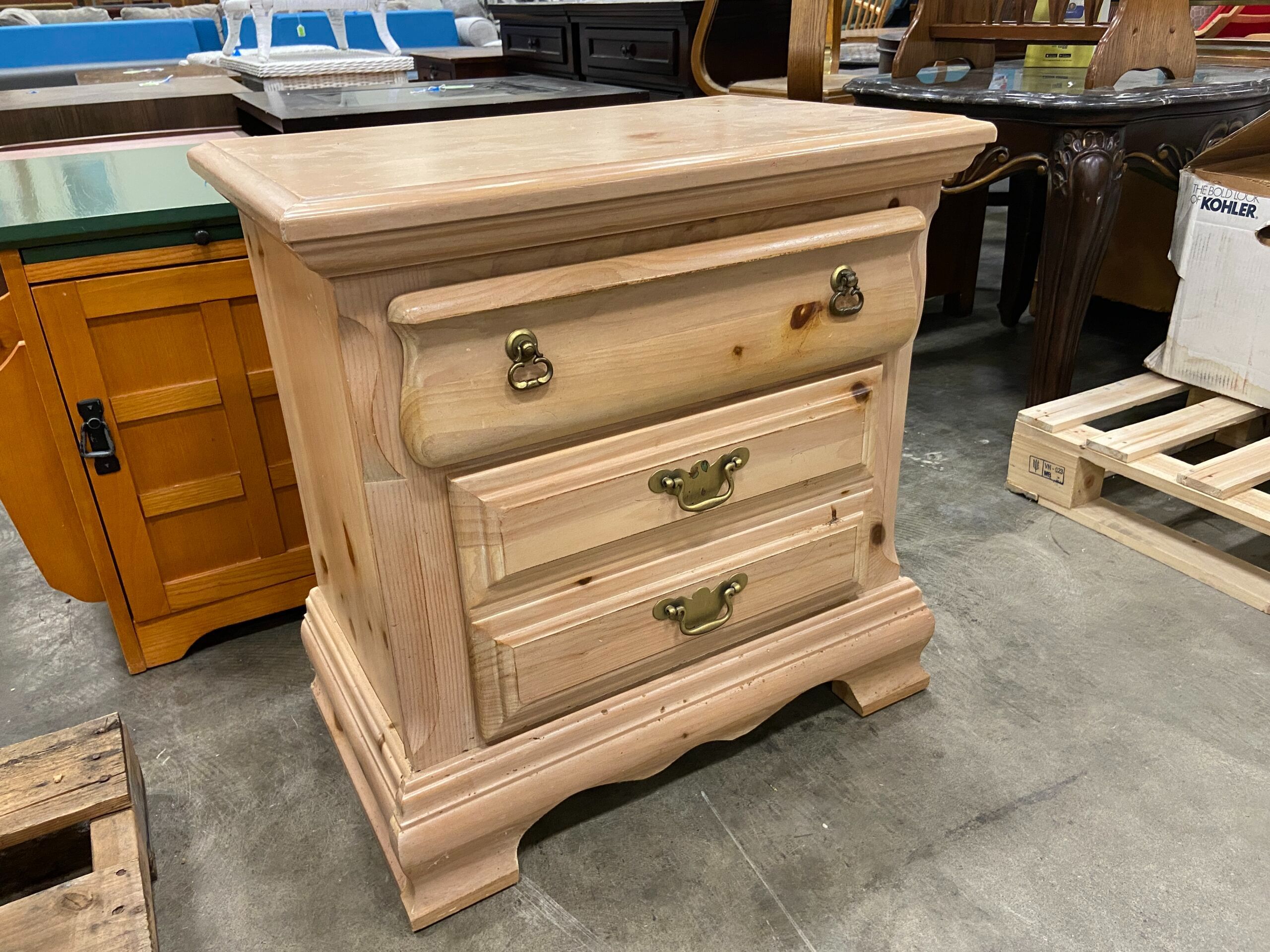 Light Finish Wooden 2 Drawer Nightstand with Brass Swing Handles