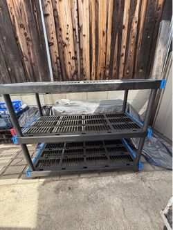 Heavy Duty 3-Tier Black & Blue Plastic Storage Shelving Unit – Ventilated Garage Workshop Rack