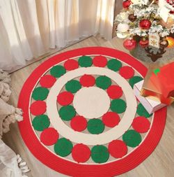 1pc Festive Christmas Tree Decorations Area Rug - Handmade Braided Knit Fabric, Washable Non-Slip Low Pile, Red and Green Geometric Pattern, Linen Ble
