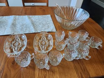 Vintage &  Rare Crown Point Complete Anchor Hocking For 8 Punch Bowl Set