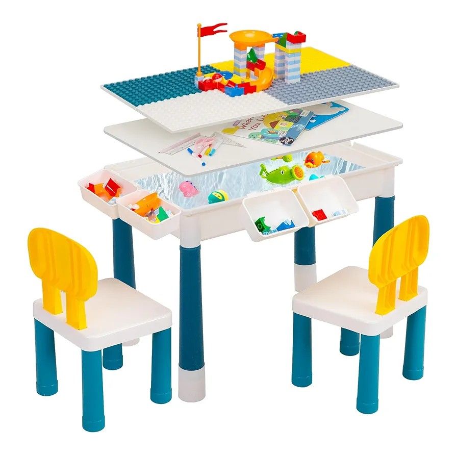 Toddler Activity Table and Chair Set w/Toy Storage and 100-Pieces Compatible Building Blocks, NEW