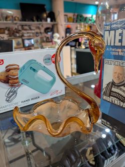 Vintage Amber Art Glass Swan Candy Dish Hand Blown Decorative Centerpiece Bowl