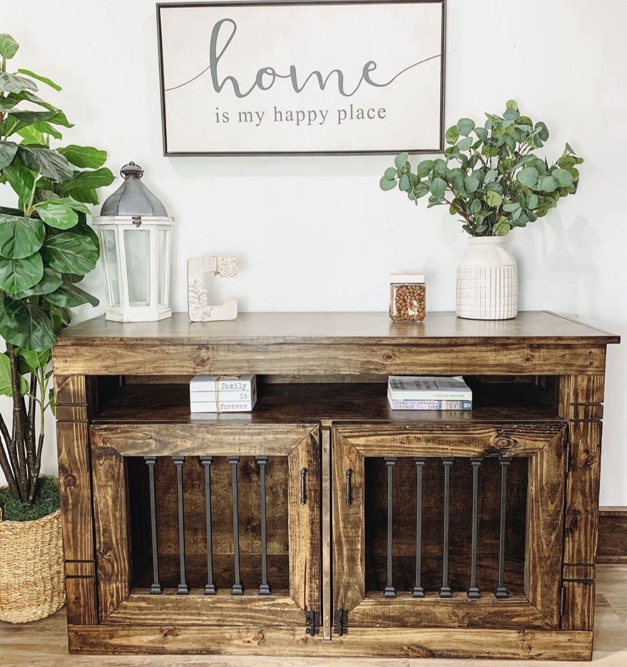 Custom Built Dog Kennel Crate Cage House Console Cabinet TV Stand Farmhouse Modern Rustic Dog Bowl Toy Bed Wood Barn Door