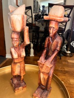 Hand-Carved Wooden Folk Art Figurines Set of 2