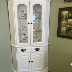 Refurbished White Solid Wood Corner China Cabinet