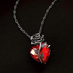 UNISEX RED HEART BLACK ROSE NECKLACE 