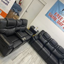 Spring Blowout Sale! Santiago black leather reclining sofa and loveseat now only $899. Easy finance option. Same-day delivery 