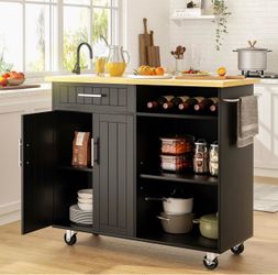42 inch - Rolling Island with Storage and Drop Leaf, Kitchen Island on Wheels with Storage Cabinet & Drawer Color- Black