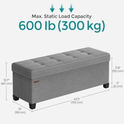 SONGMICS 43" Storage Ottoman Bench Foldable Foot Rest with Legs - Dove Gray